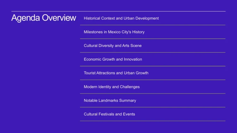 agenda-list-mexico-city Slide titled "Agenda Overview" on a purple background listing topics on Mexico City's history and culture.