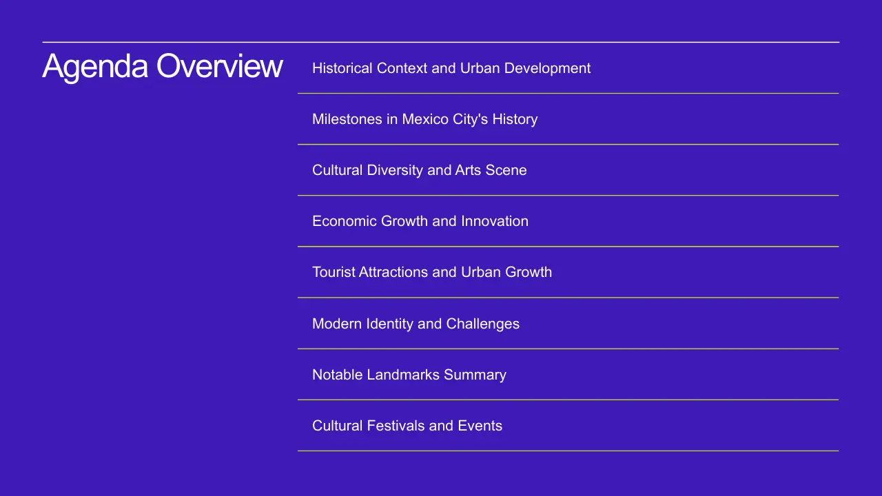 Slide titled "Agenda Overview" on a purple background listing topics on Mexico City's history and culture.