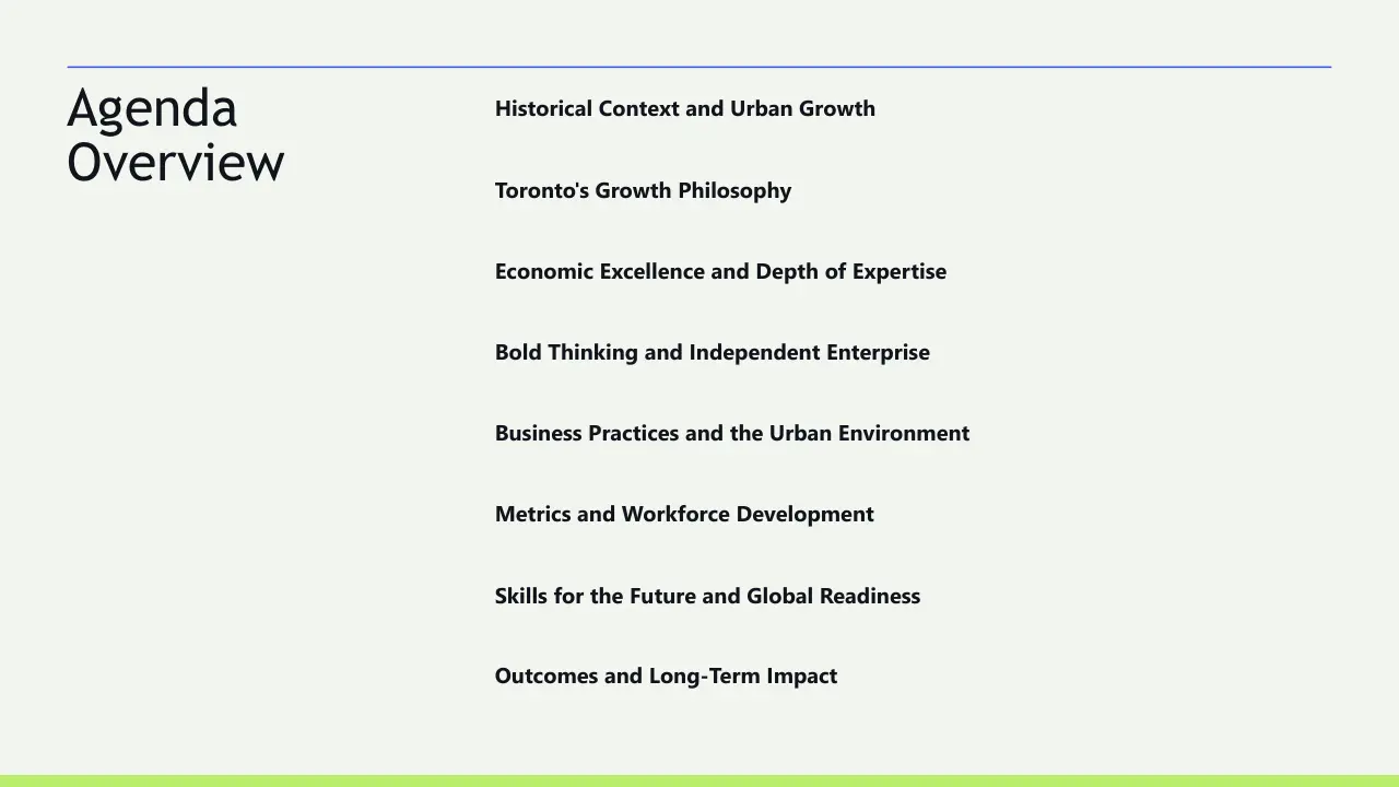Agenda overview slide with topics on urban growth, economic excellence, business practices, workforce development, and long-term impact.