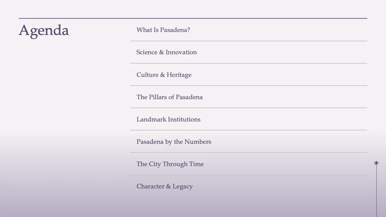 Agenda slide listing topics including Pasadena's overview, science, culture, heritage, institutions, and legacy.