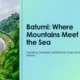 Coastal landscape of Batumi with green mountains meeting the calm sea under a cloudy sky.