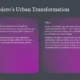 Text slide titled "Puerto Madero's Urban Transformation" with two sections labeled "Before" and "After" on a dark gray background with purple gradient blocks.