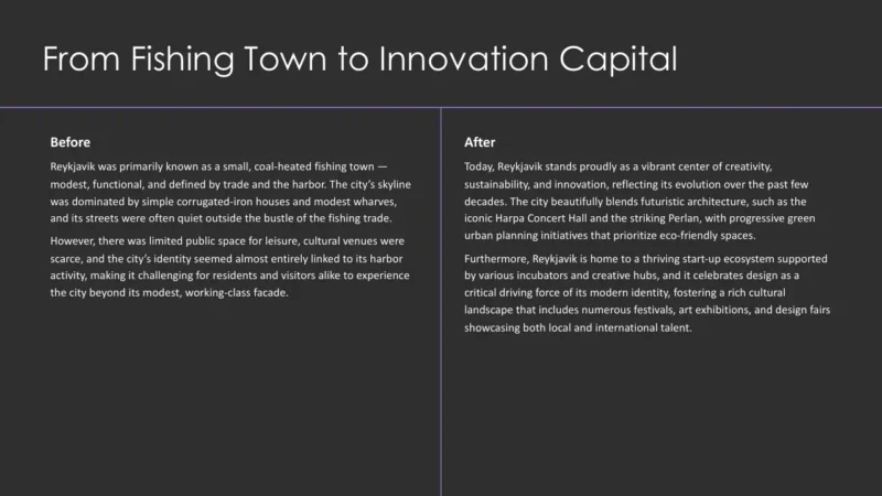 before-after Slide titled "From Fishing Town to Innovation Capital" with two text columns labeled "Before" and "After" describing Reykjavik's transformation.