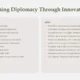 Comparison chart titled "Transforming Diplomacy Through Innovation" showing "Before" and "After" lists of diplomatic process improvements in muted beige and green tones.