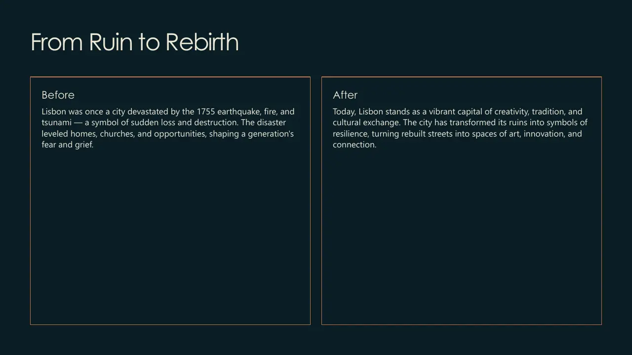 Slide titled "From Ruin to Rebirth" with text describing Lisbon's transformation after the 1755 earthquake.