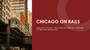 Elevated Chicago L train traveling through dense urban area with tall buildings.