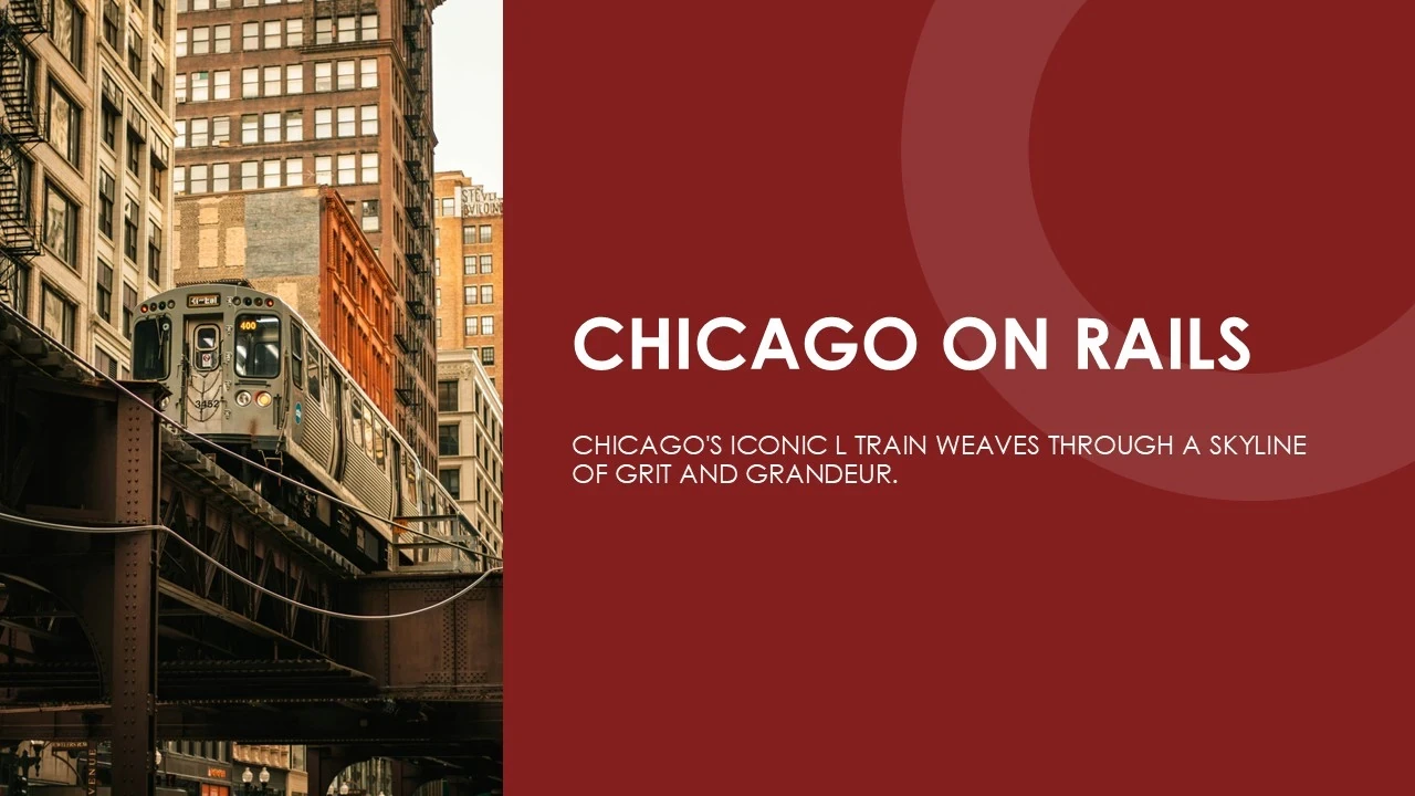 Elevated Chicago L train traveling through dense urban area with tall buildings.