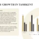Text titled "Industry Growth in Tashkent" with a paragraph on technology-driven economic growth and a bar chart comparing four categories across three series.