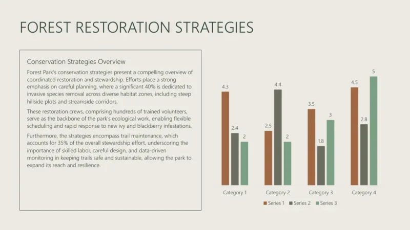 column-chart-v2 Forest restoration strategies text overview with a bar chart of four categories and three series.