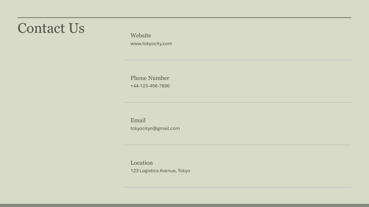 Contact information page with website, phone number, email, and location details.