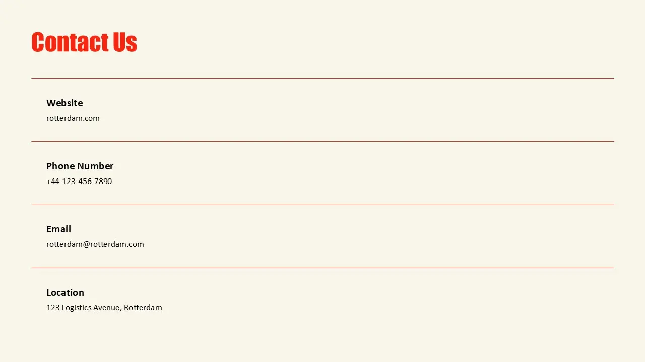 Contact information page with website, phone number, email, and location details.