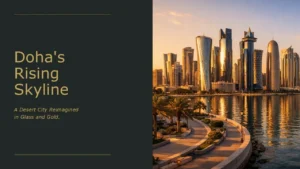 Doha skyline at sunset with modern skyscrapers reflecting golden light over waterfront promenade.