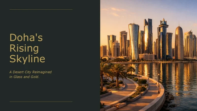 doha-title Doha skyline at sunset with modern skyscrapers reflecting golden light over waterfront promenade.