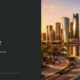 Doha skyline at sunset with modern skyscrapers reflecting golden light over waterfront promenade.