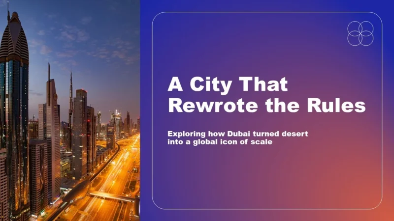dubai-title Nighttime cityscape of illuminated Dubai skyscrapers alongside text reading "A City That Rewrote the Rules.