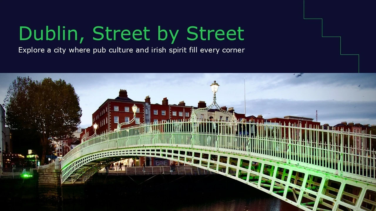 Evening view of Ha'penny Bridge in Dublin with red brick buildings and street lamps.