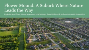 Aerial view of a suburban neighborhood with green spaces and residential houses.