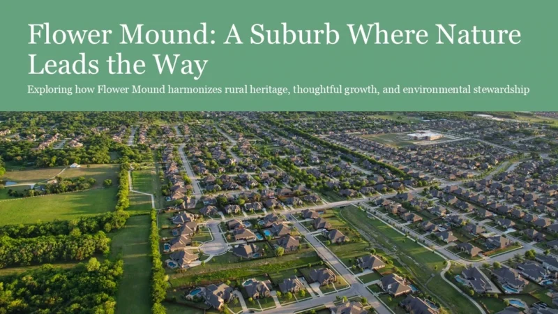 flower-mound-title Aerial view of a suburban neighborhood with green spaces and residential houses.