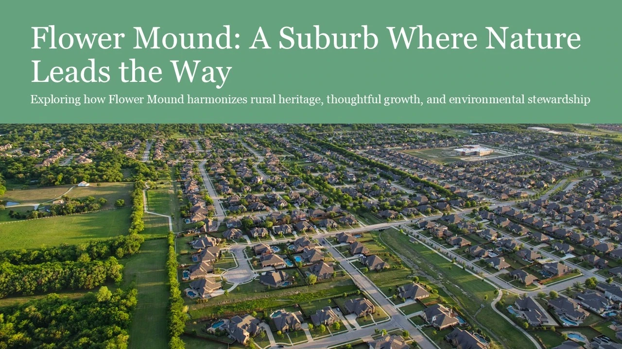 Aerial view of a suburban neighborhood with green spaces and residential houses.