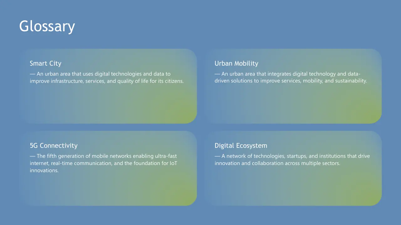 Glossary slide with blue background and four green gradient text boxes defining Smart City, Urban Mobility, 5G Connectivity, and Digital Ecosystem.