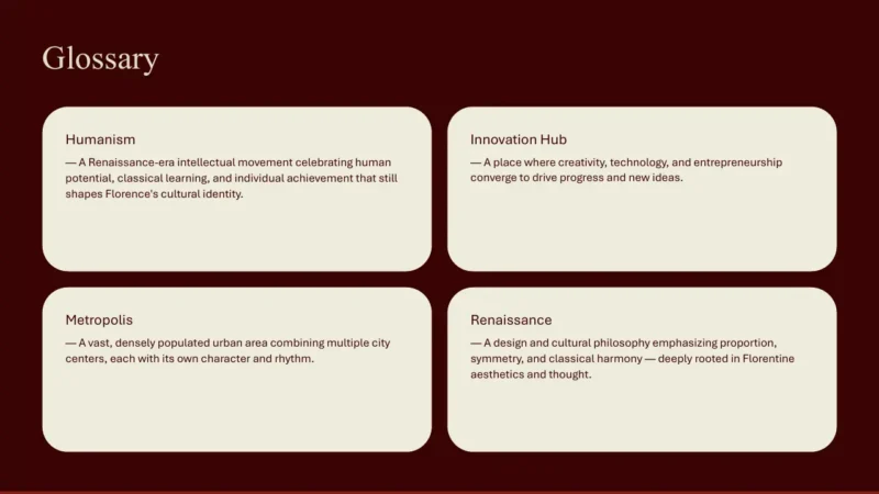 glossary Glossary slide with four beige text boxes on dark red background defining Humanism, Innovation Hub, Metropolis, and Renaissance.