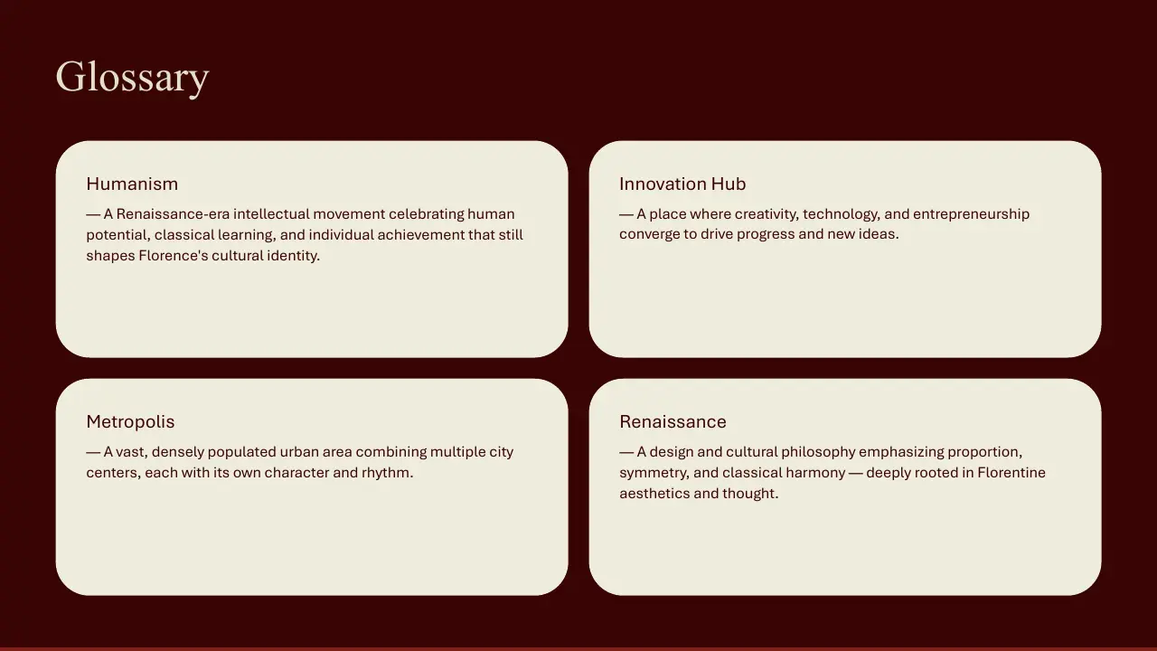 Glossary slide with four beige text boxes on dark red background defining Humanism, Innovation Hub, Metropolis, and Renaissance.