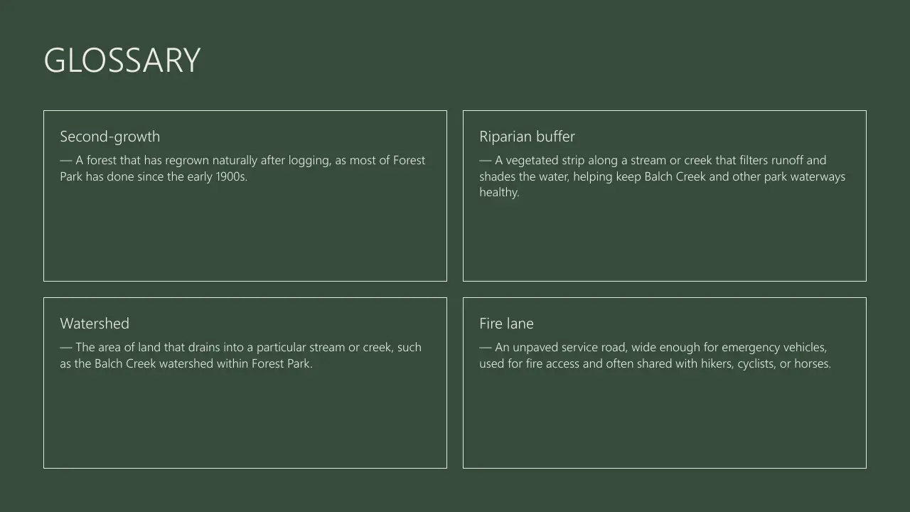Glossary of ecological terms on dark green background with white text and definitions.