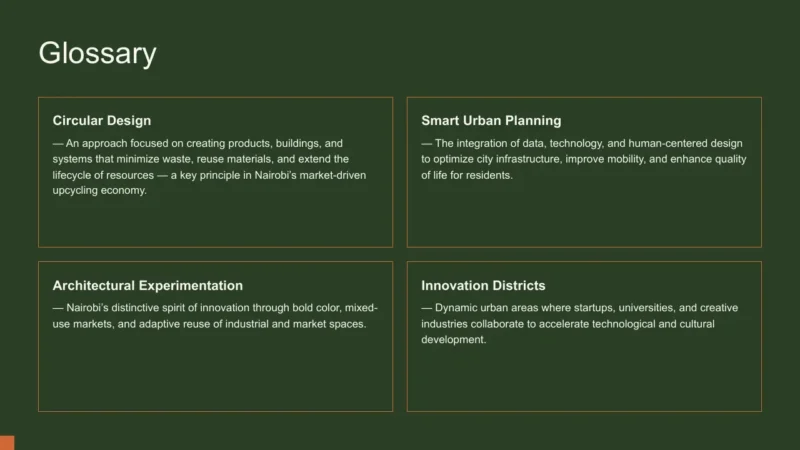 glossary Glossary slide with four green text boxes defining Circular Design, Smart Urban Planning, Architectural Experimentation, and Innovation Districts.