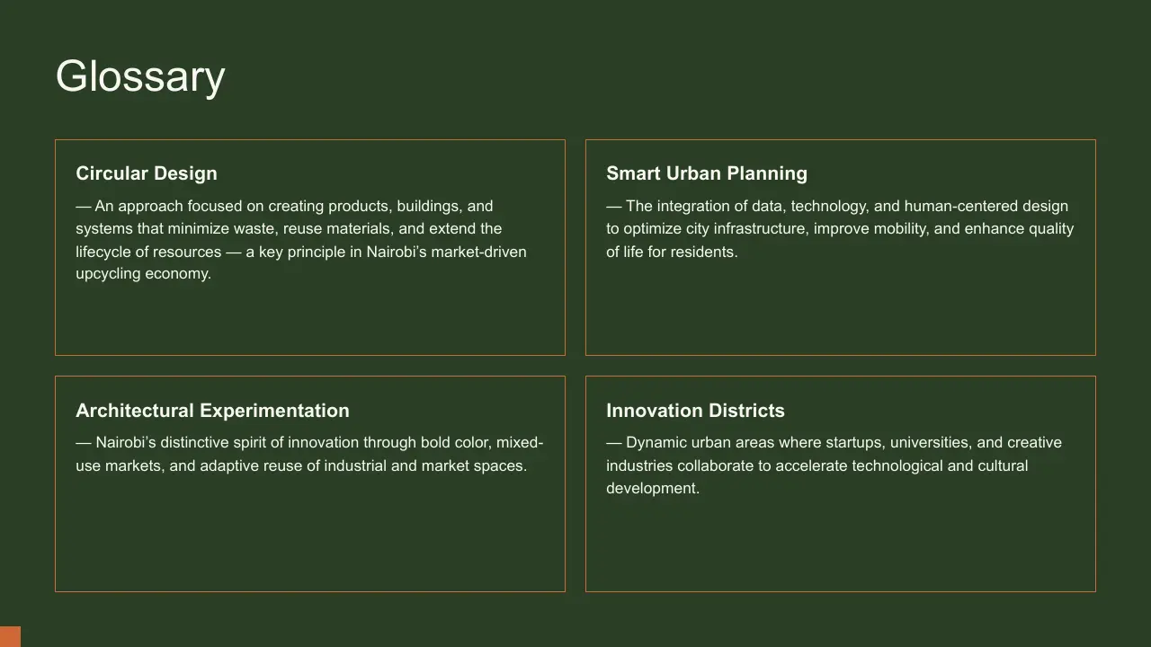Glossary slide with four green text boxes defining Circular Design, Smart Urban Planning, Architectural Experimentation, and Innovation Districts.