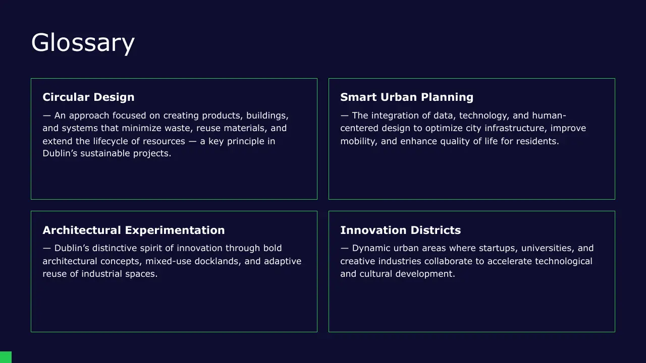 Glossary slide with definitions of Circular Design, Smart Urban Planning, Architectural Experimentation, and Innovation Districts.