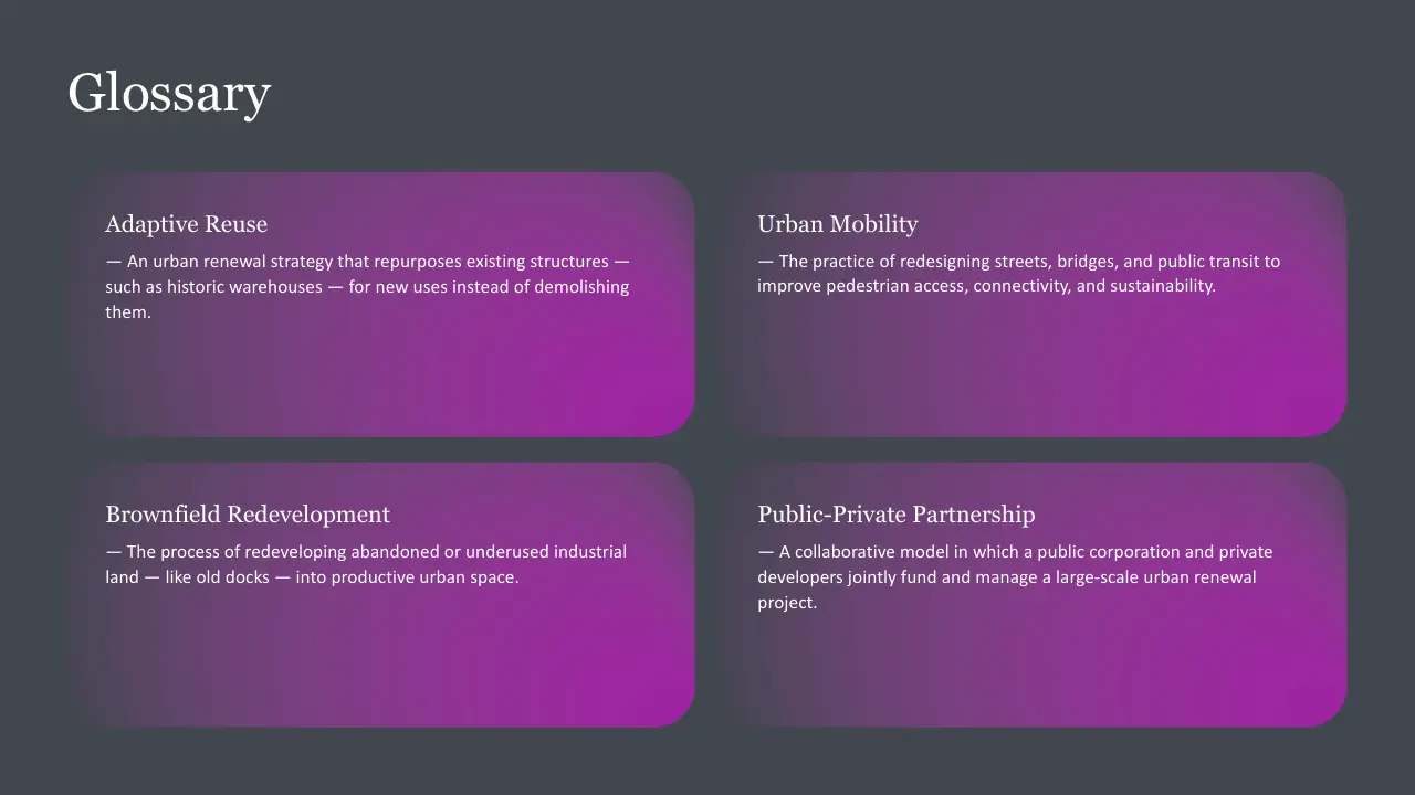 Glossary slide with four purple gradient text boxes defining urban planning terms on dark gray background.