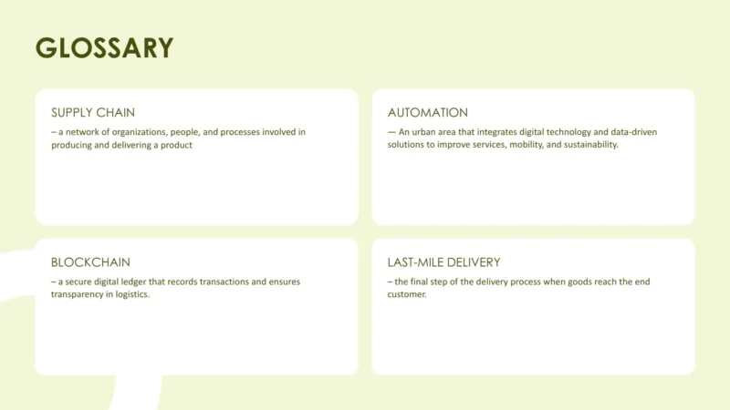 glossary-chicago Glossary slide with definitions of supply chain, automation, blockchain, and last-mile delivery on a light green background.