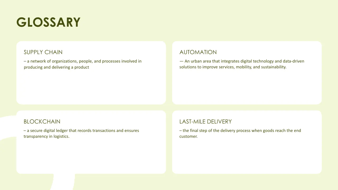 Glossary slide with definitions of supply chain, automation, blockchain, and last-mile delivery on a light green background.