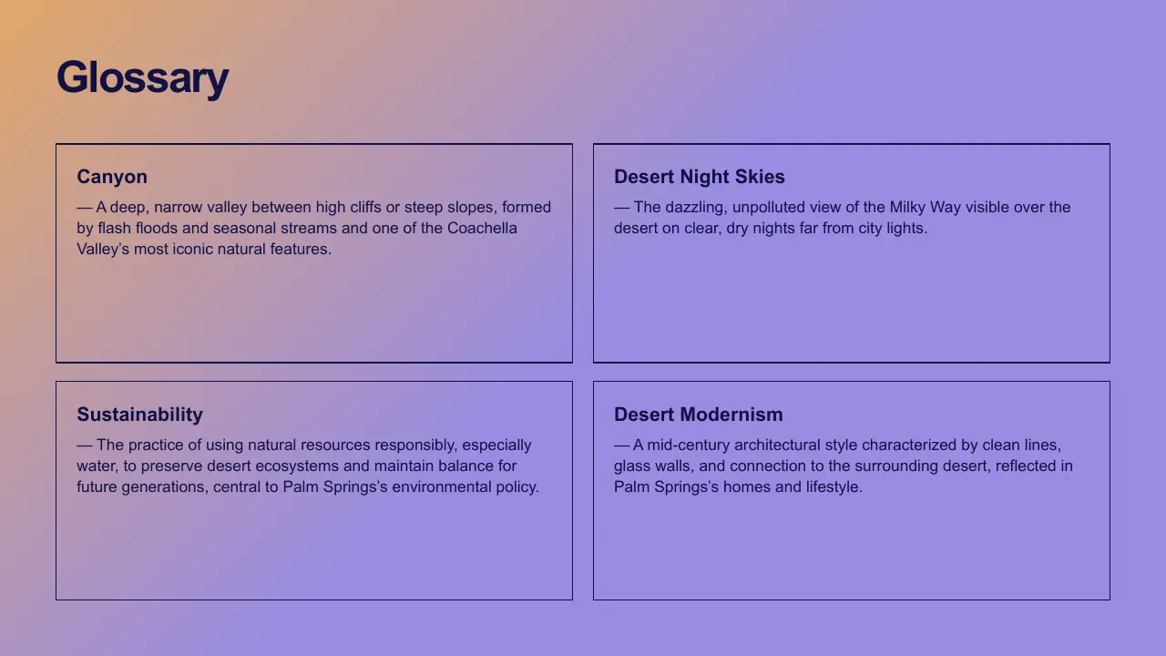 Glossary slide with definitions of Canyon, Desert Night Skies, Sustainability, and Desert Modernism on a purple gradient background.
