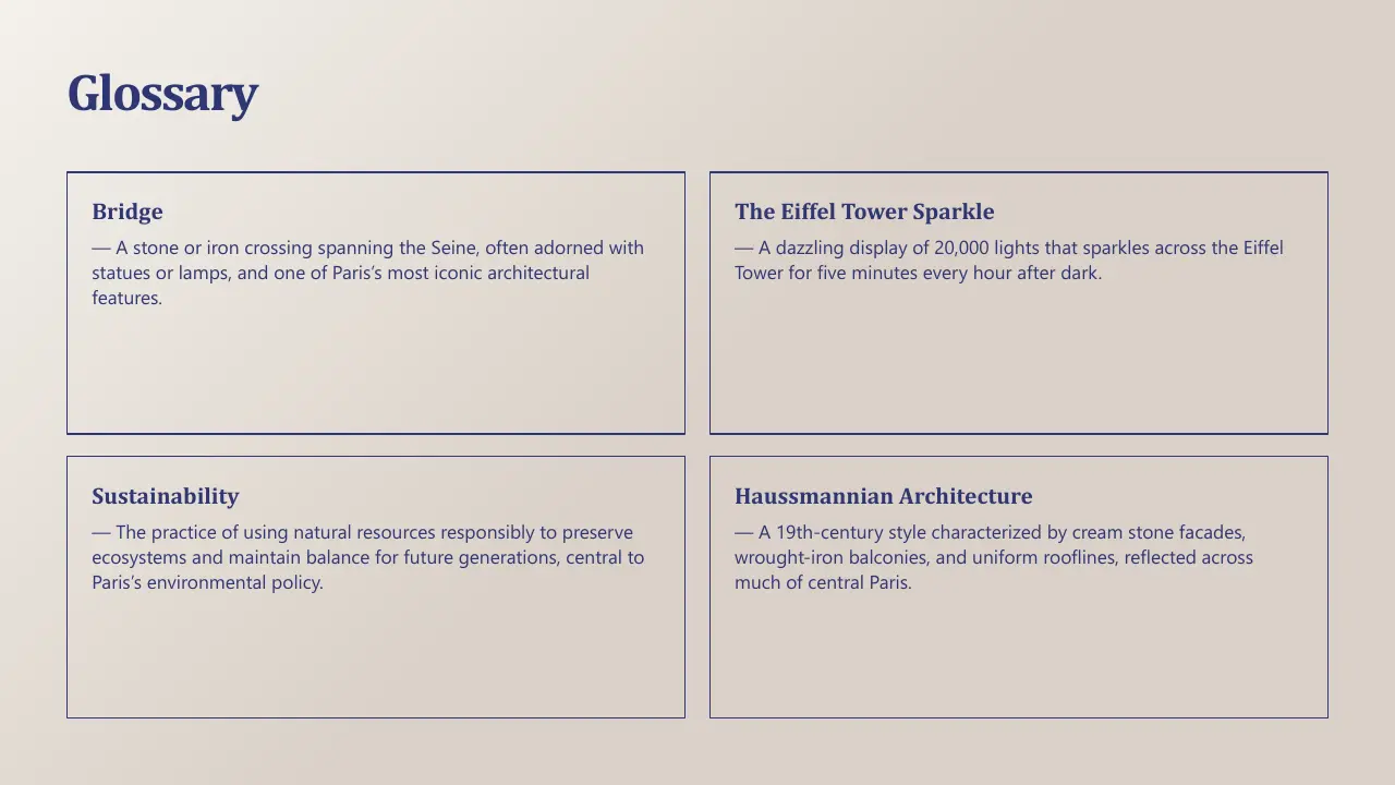 Glossary page with four blue-bordered boxes defining Bridge, Eiffel Tower Sparkle, Sustainability, and Haussmannian Architecture.