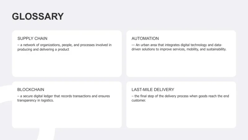 glossary-san-francisco Glossary slide with definitions for supply chain, automation, blockchain, and last-mile delivery in black text on white background.