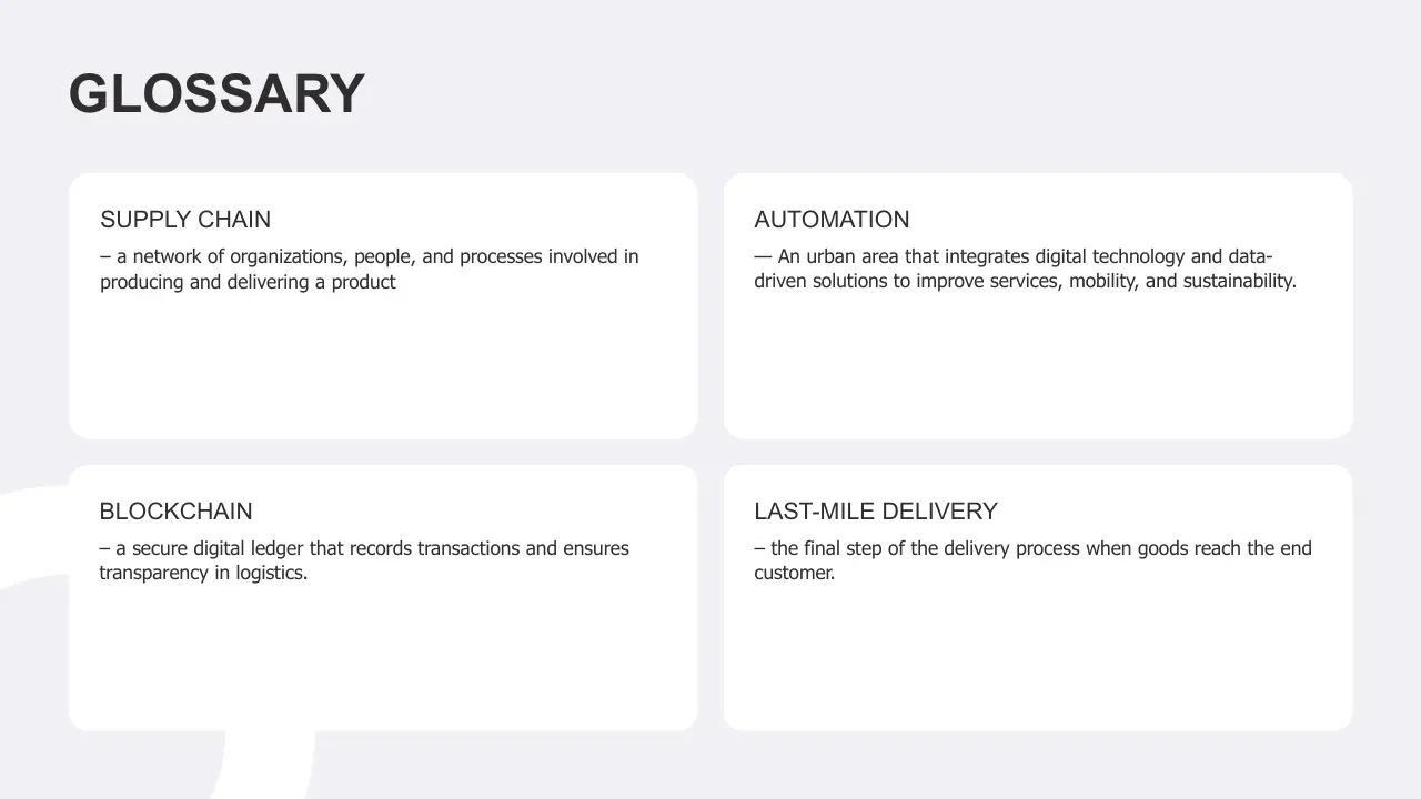 Glossary slide with definitions for supply chain, automation, blockchain, and last-mile delivery in black text on white background.
