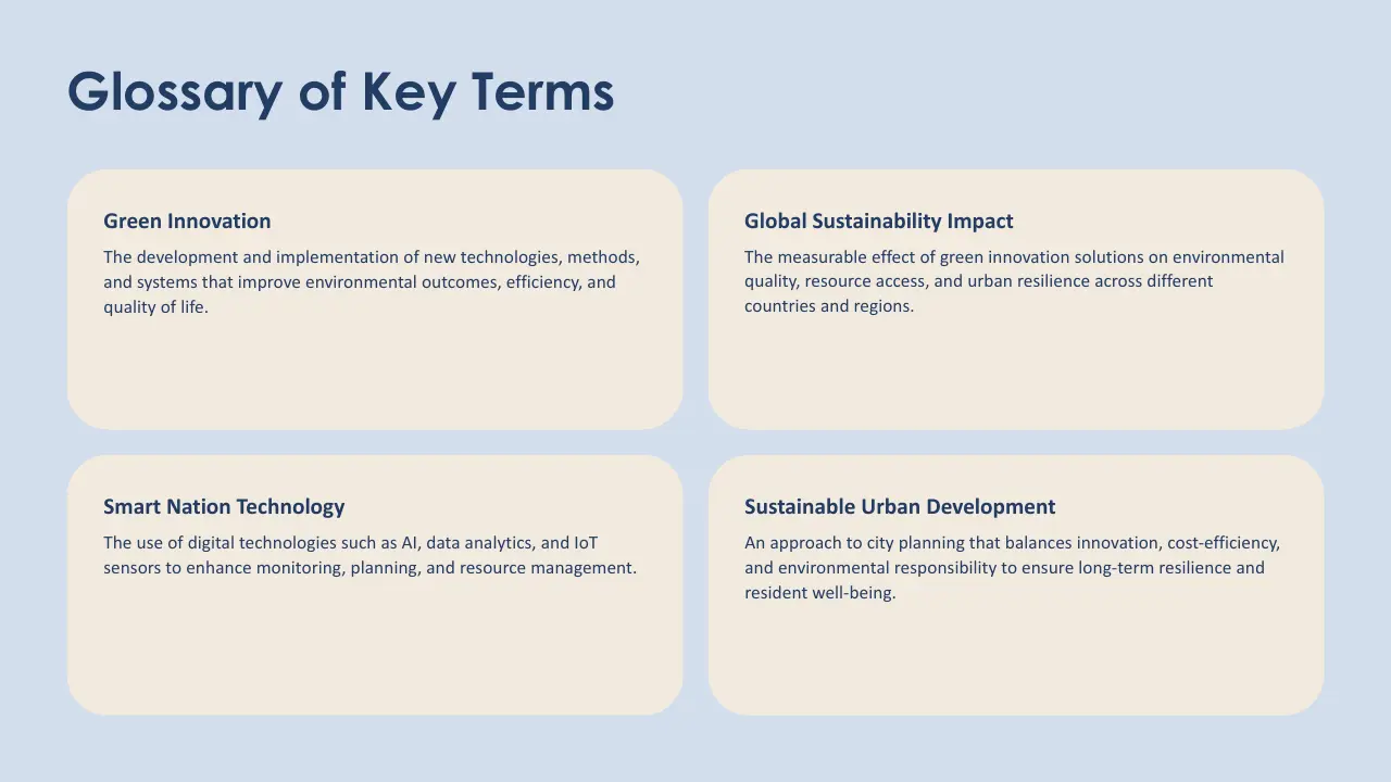 Glossary of key sustainability and technology terms with blue text on beige boxes and light blue background.