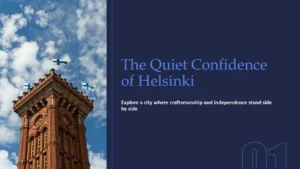 Red brick tower with Finnish flags against a blue sky, accompanied by text about Helsinki.