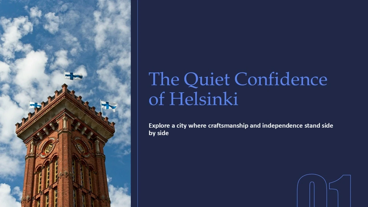 Red brick tower with Finnish flags against a blue sky, accompanied by text about Helsinki.