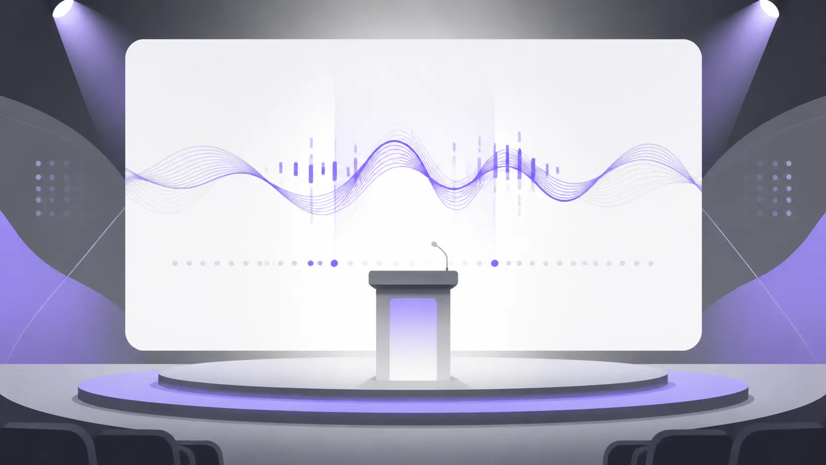 Modern conference stage with podium, microphone, large screen displaying purple waveforms, and spotlights.