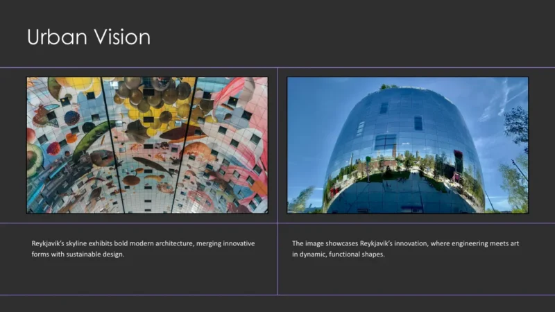 image-cards-2 Left image: Colorful reflective ceiling with abstract shapes and patterns inside a modern building.
Right image: Curved reflective glass building under blue sky with surrounding greenery reflections.