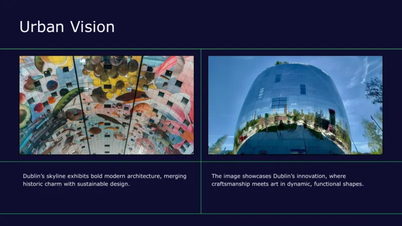 image-cards-2 Left image shows colorful, reflective ceiling art in a modern building; right image displays a curved glass facade reflecting a park and sky.