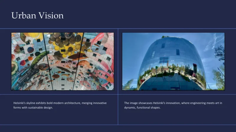 image-cards-2 Two images of modern architecture in Helsinki; left shows a colorful ceiling mural, right shows a reflective curved glass building.