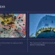 Two images of modern architecture in Helsinki; left shows a colorful ceiling mural, right shows a reflective curved glass building.