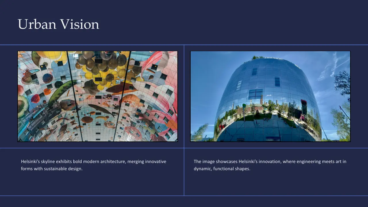 Two images of modern architecture in Helsinki; left shows a colorful ceiling mural, right shows a reflective curved glass building.
