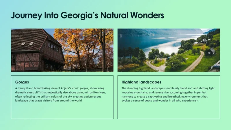 image-cards-2-batumi Two landscape photographs under the title "Journey Into Georgia’s Natural Wonders": left, autumn trees beside a traditional half-timbered house; right, serene highland lake with green hills and scattered houses.
