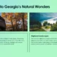 Two landscape photographs under the title "Journey Into Georgia’s Natural Wonders": left, autumn trees beside a traditional half-timbered house; right, serene highland lake with green hills and scattered houses.