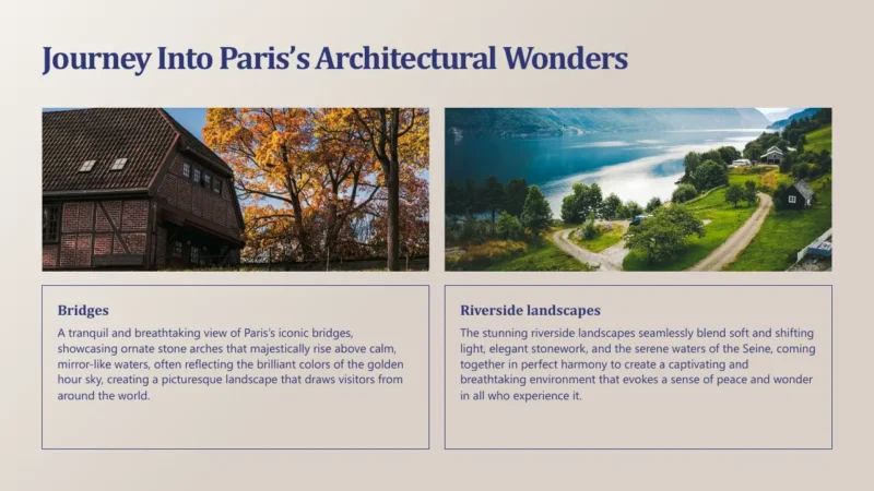 image-cards-2-paris Left image: traditional half-timbered house with autumn trees and clear sky; Right image: serene riverside landscape with winding path and green foliage.