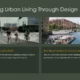 Two urban scenes depicting cyclists on a city bridge and people on a boat in a canal.